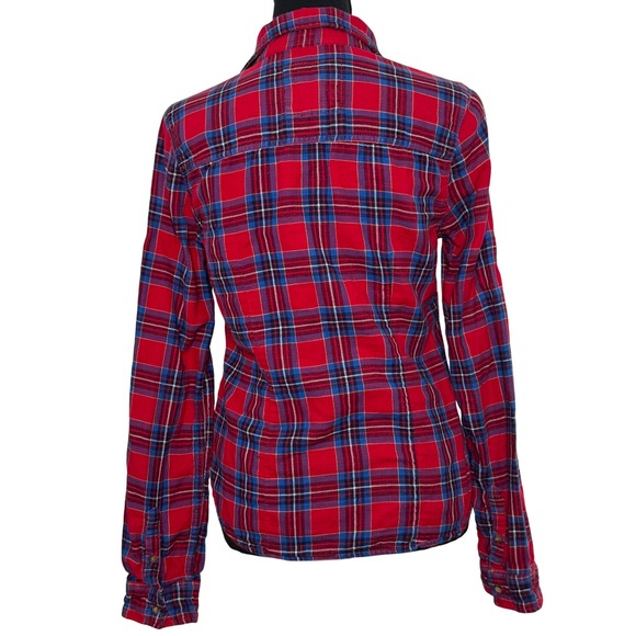 Abercrombie Fitch Flannel Women Medium‎ Red Blue Plaid Christmas Pocket Y2K - Picture 2 of 8